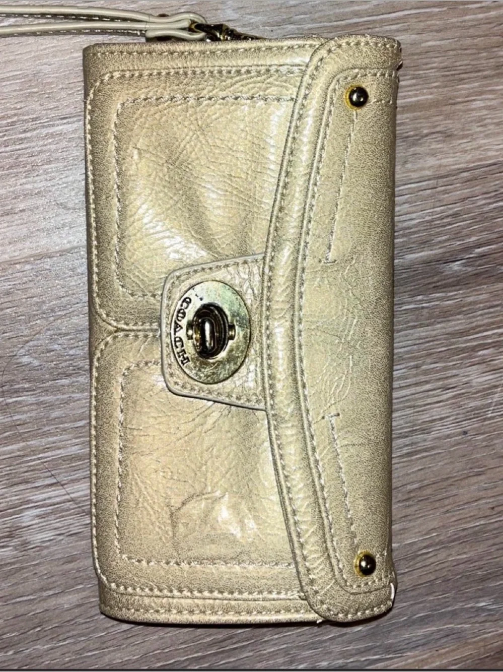 Coach Metallic Gold Leather Turn-Lock Wristlet Wallet